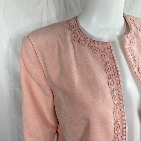 Dress Barn Microsuede Embroidered Trim Pale Peach Open Front Blazer - Picture 2 of 9
